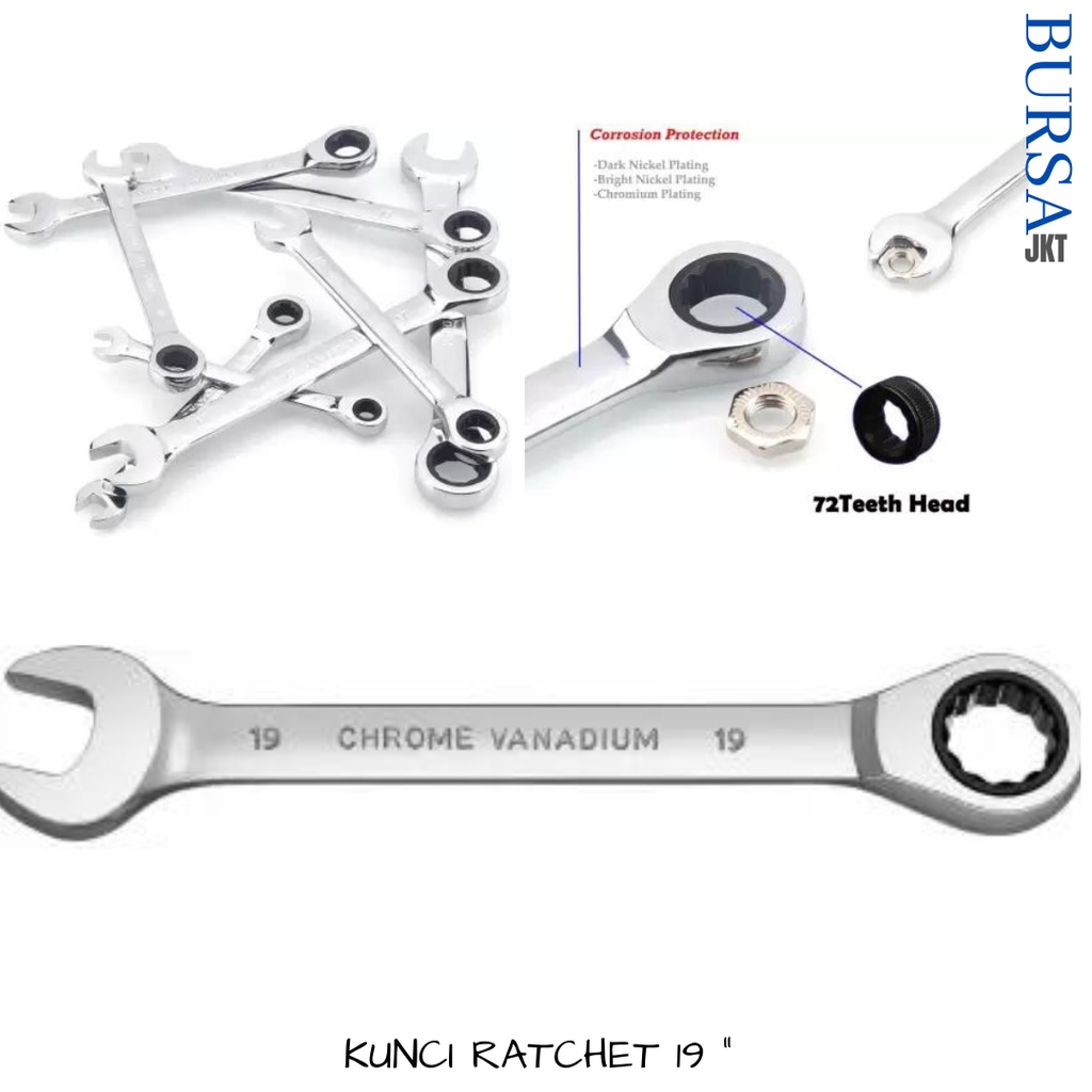 KUNCI RATCHET WRENCH / KUNCI RING PAS BOLAK BALIK 2IN1 19 MM