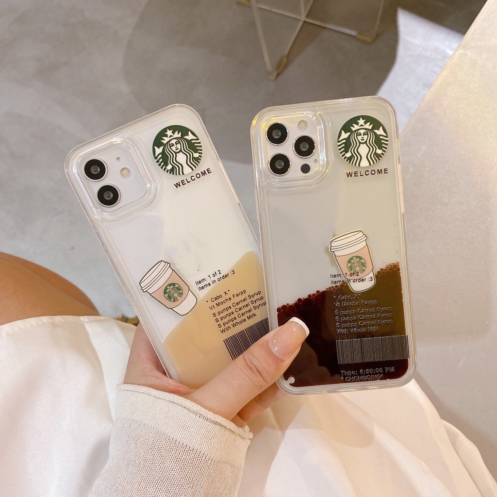 Creative Quicksand Starbucks Casing Ponsel untuk iPhone 14 13 12 11 Pro Max XR X MAX 7 8 Plus Resin Transparan Tahan Guncangan Casing iPhone Tahan Debu Bawah + Desain Tepi Lurus