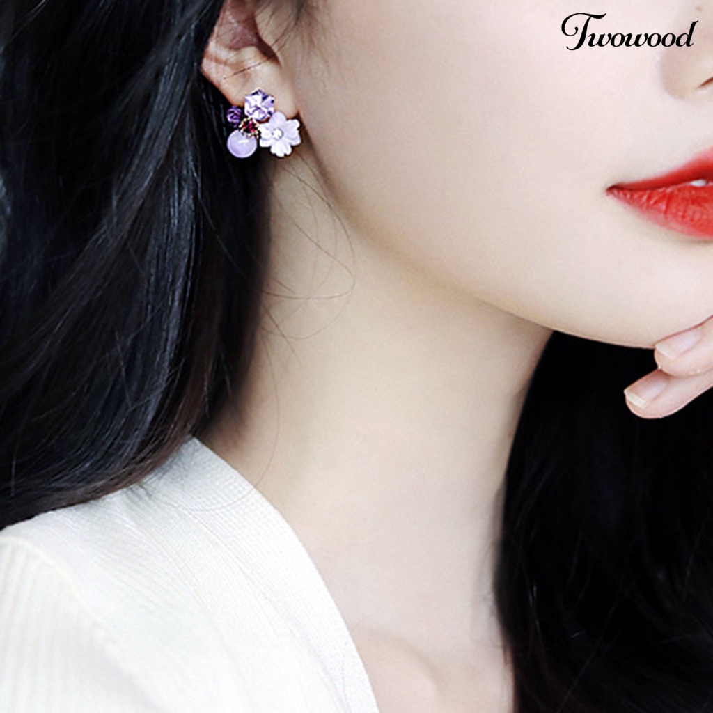 Twowood 1 Pair Women Ear Studs Flower Rhinestone Jewelry Cubic Faux Crystal Stud Earrings for Dating