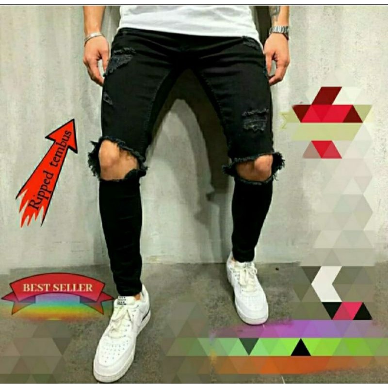 CELANA SOBEK PRIA RIPPED JEANS ROBEK SLIMFIT PENSIL SKINNY STRETCH DENIM HITAM PREMIUM 27-38