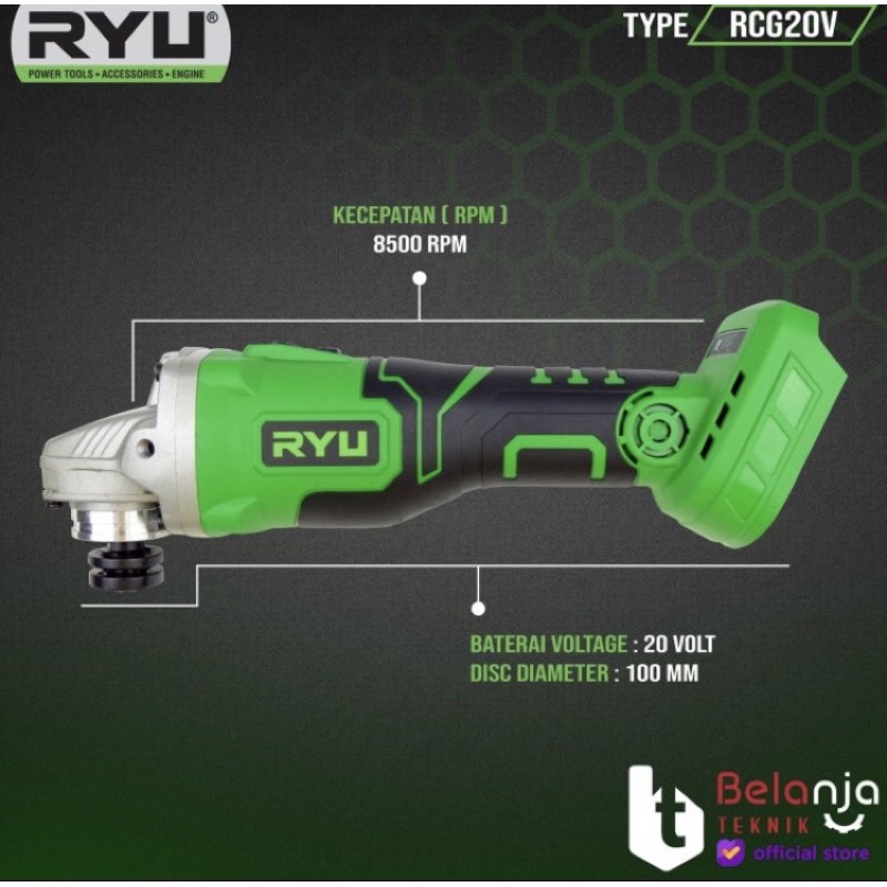 Mesin Disc Grinda RYU Nirkabel 20 V - Cordless Grinder RCG 20V Mesin Gerinda Chas Batre RCG20V