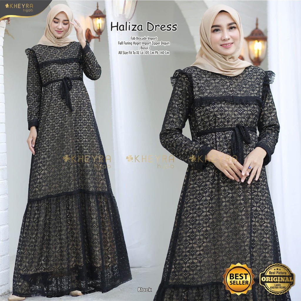 realpict HALIZA AVANIKA by KHEYRA brokat mix satin velvet muslim wanita long maxy dress gamis party 