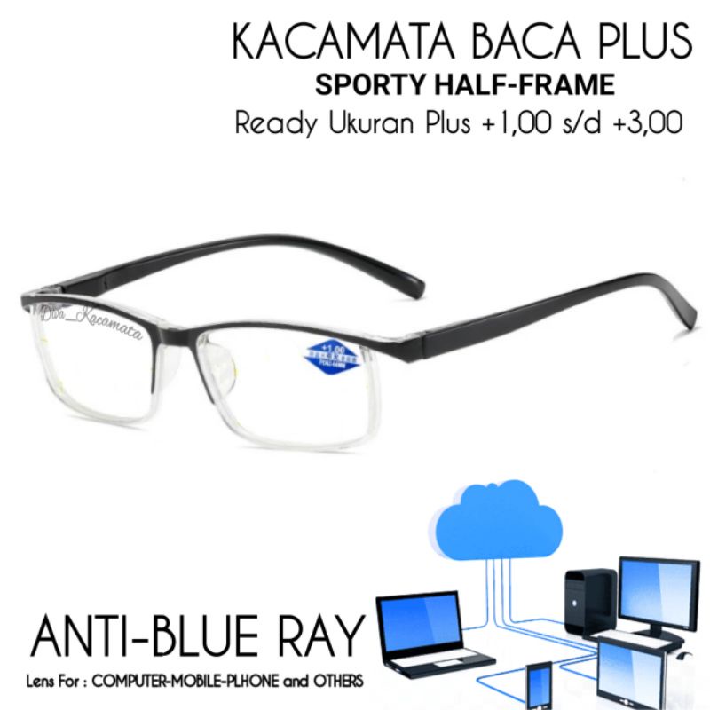 Kacamata Baca Sporty Half-Frame Pria/Wanita | Frame Kacamata Gantung Half Frame Rabun Dekat Baca