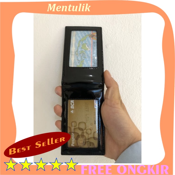 

Name Tag Id Card Holder Name Tag Dompet Saku kulit hitam glossy mengkilap 2 sisi magnet tempat