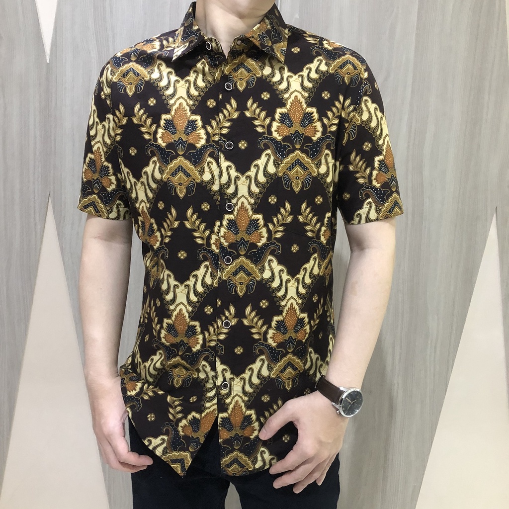 [GRIDLINE - S233 Maroon Brown, Dark Brown, Black Green] Kemeja Batik Slimfit Pria Katun Lengan Pendek Modern Simpel Keren Kekinian