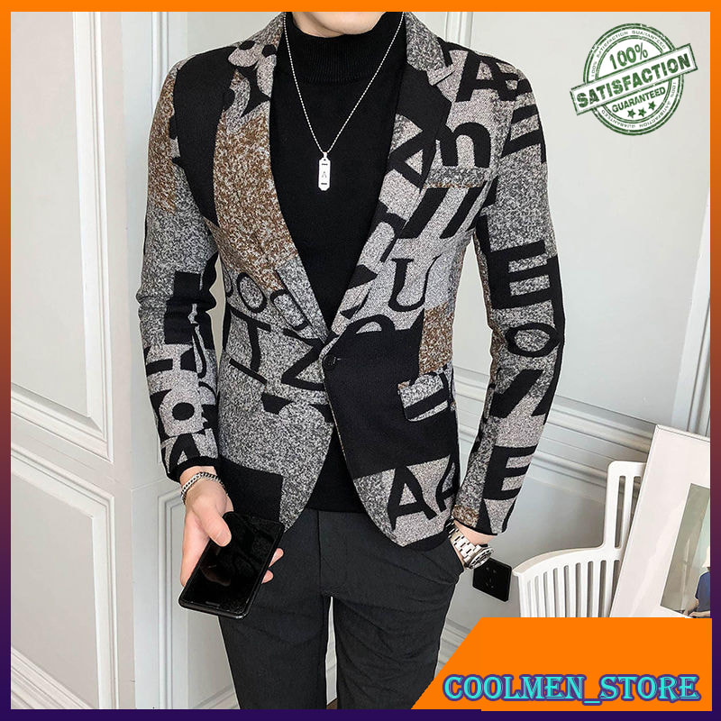 Jas Blazer Pria Slimfit Eksklusif Big Letter Print WoolBlend Tweed Blazer Men 2020 Fall Winter Art