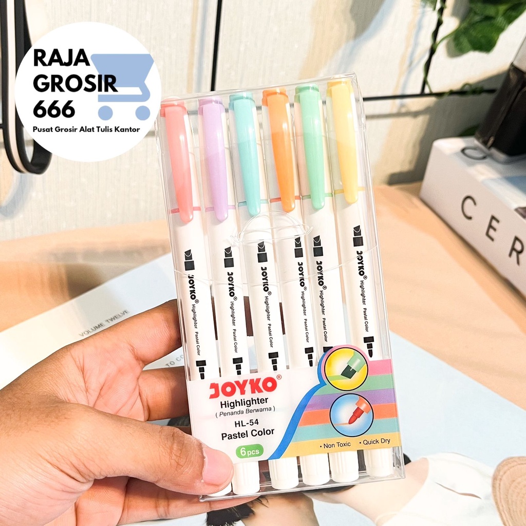 

Joyko Highlighter Pastel set isi 6 pcs HL54 warna warni colorful tosca baby blue pink yellow orange peach penanda tulisan Spidol