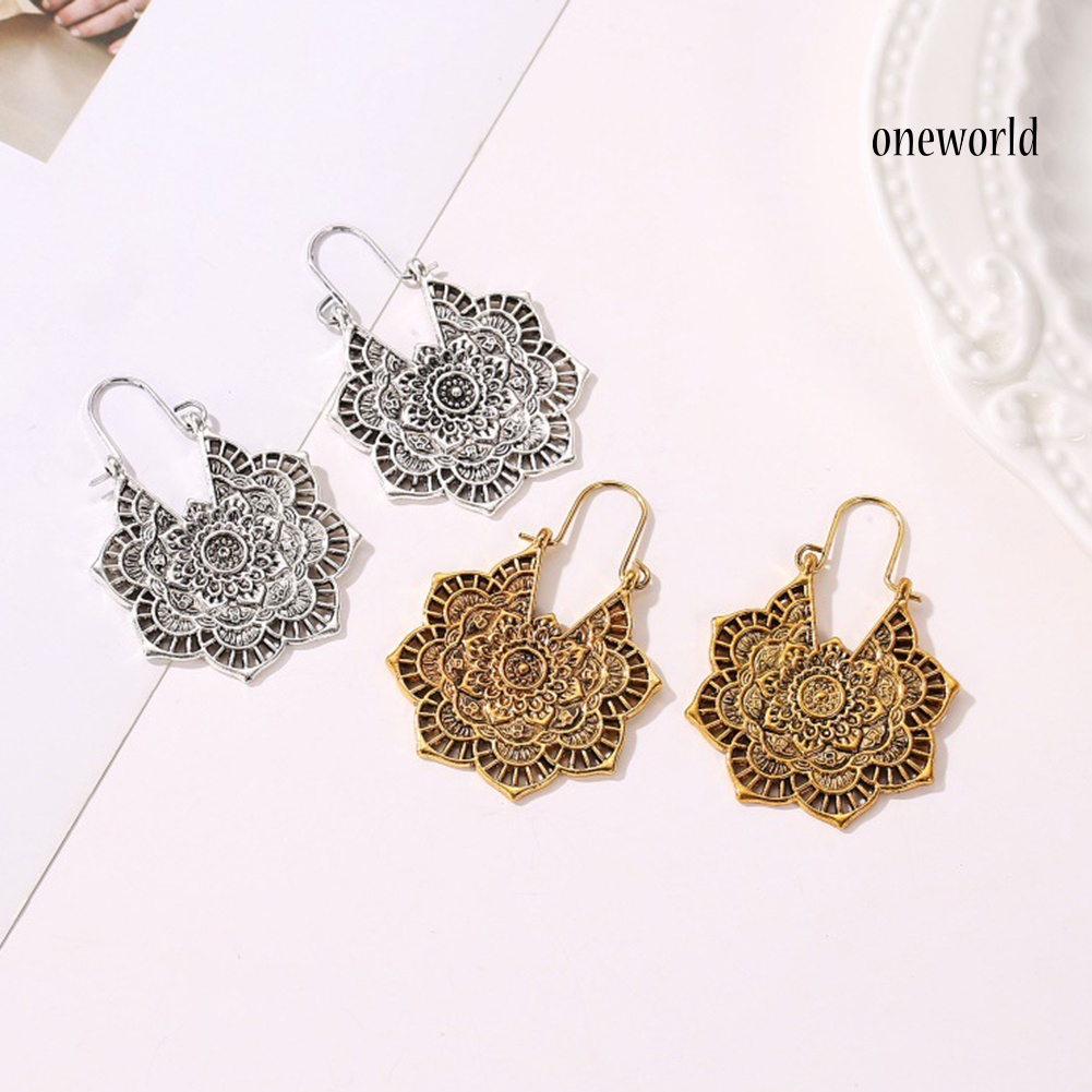 OW@ Vintage Women Hollow Out Carved Flower Dangle Leverback Earrings Jewelry Gift