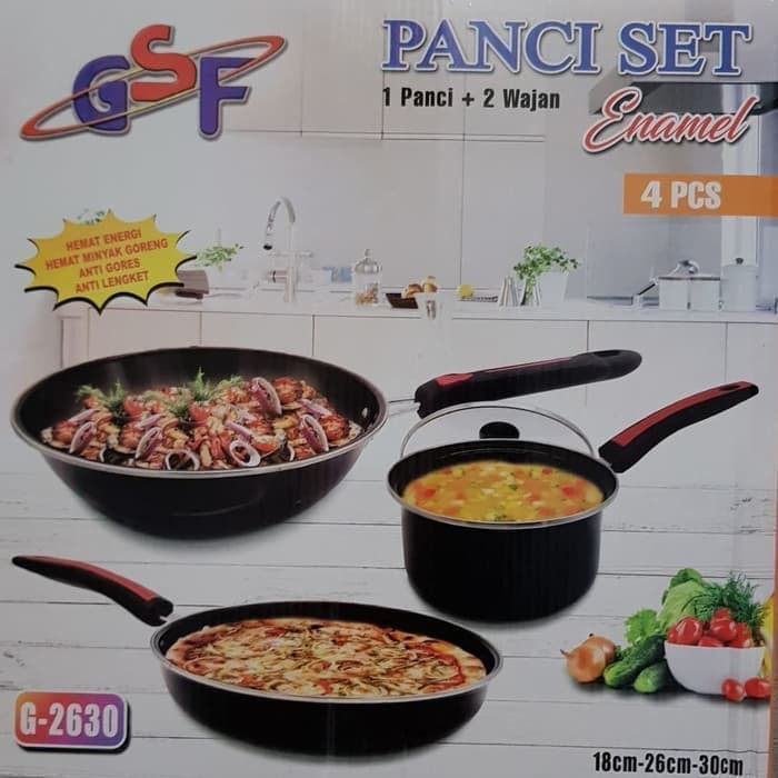 Panci Set Teflon Enamel Anti Lengket GSF 4 pcs G-2630 / Kuali / Penggorengan / Wajan