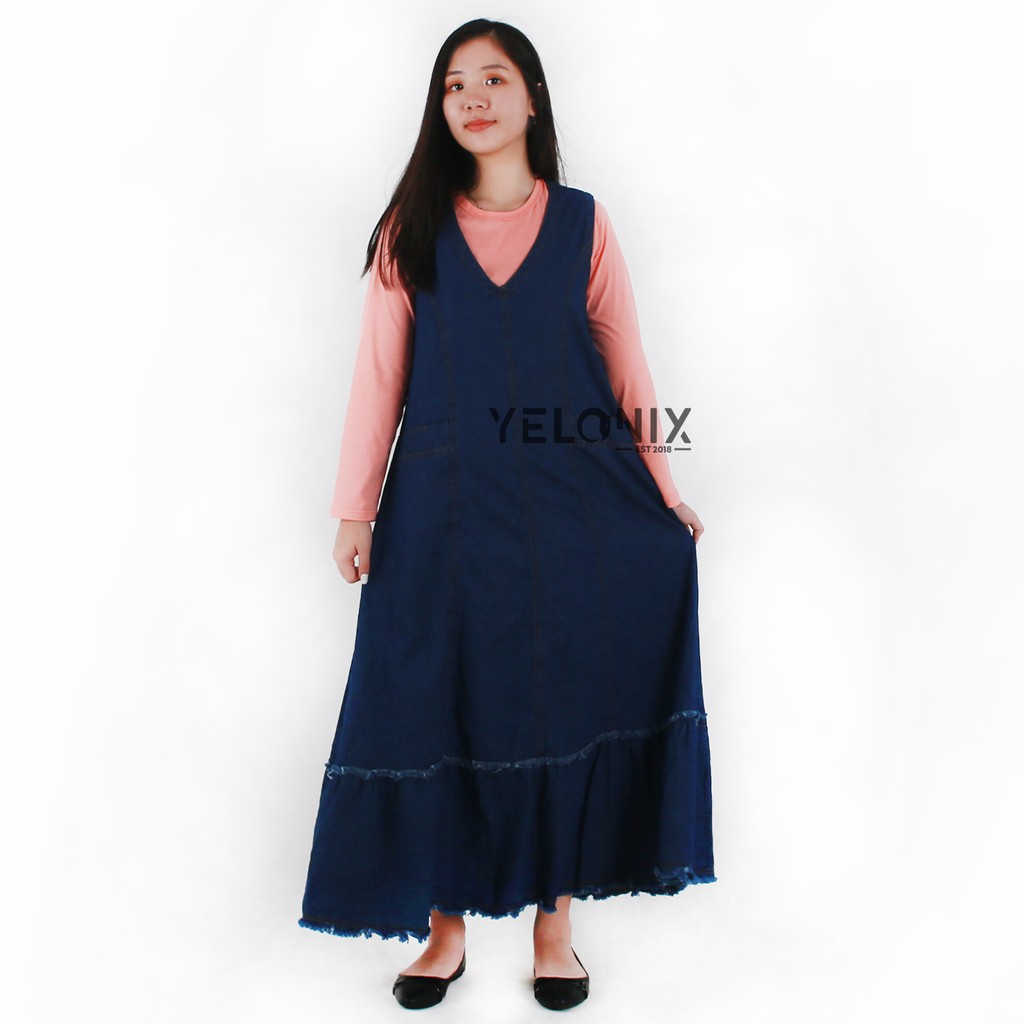 YELONIX - Jeans Gamis Singlet Wanita / Longdress Jeans Wanita / Dress Jeans Panjang