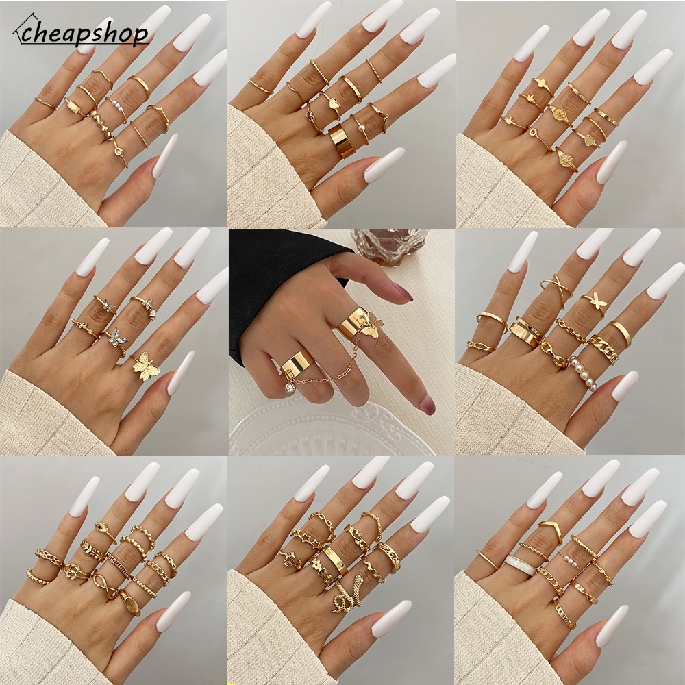 IFYOU 2021 New Fashion Metal Rings Set Crystal Butterfly Gold Ring Personality Silver Finger Ring Women Jewelry Accessories