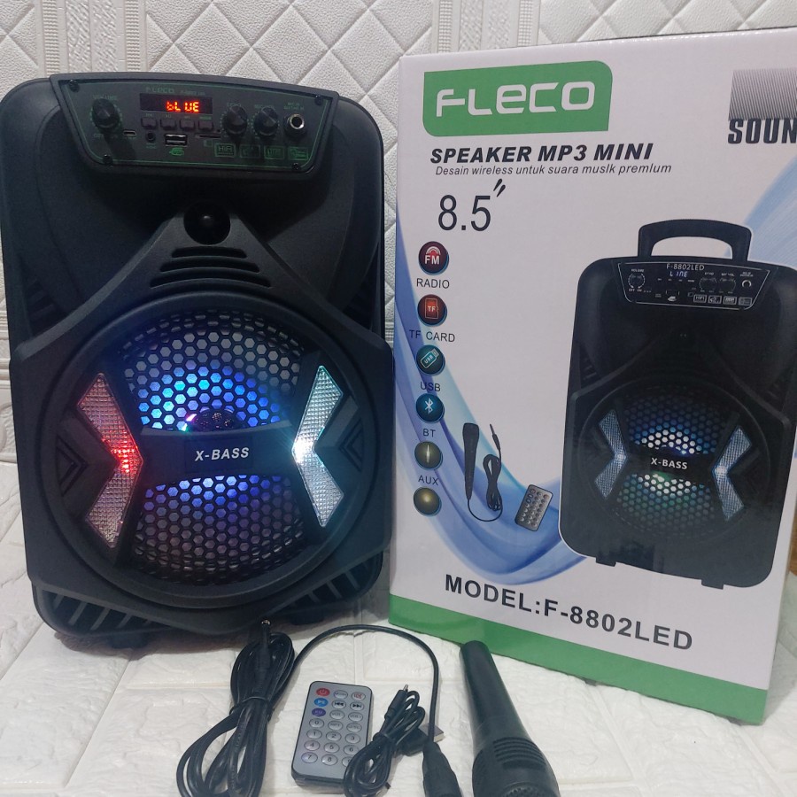 COD SPEAKER BLUETOOTH KARAOKE 8'5 INCH FLECO F-8802 LED PLUS MIC KARAOKE X-BASS//SALON AKTIF FLECO X-BASS//SPEAKER KARAOKE