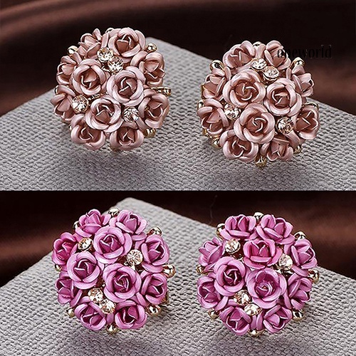 OW@ Women Fashion Elegant Inlaid Rhinestone Blooming Rose Flower Ear Studs Earrings