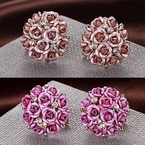 OW@ Women Fashion Elegant Inlaid Rhinestone Blooming Rose Flower Ear Studs Earrings