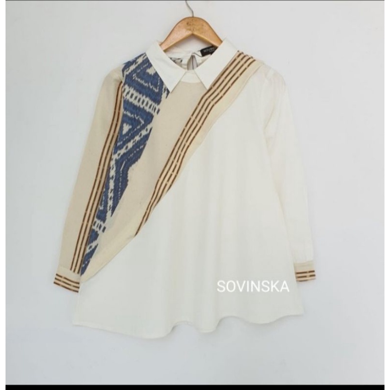 Atasan Tenun Kombinasi WP 224 Putih Blus new blouse Lengan Panjang Baju kerja Wanita motif Batik ori by Sovinska