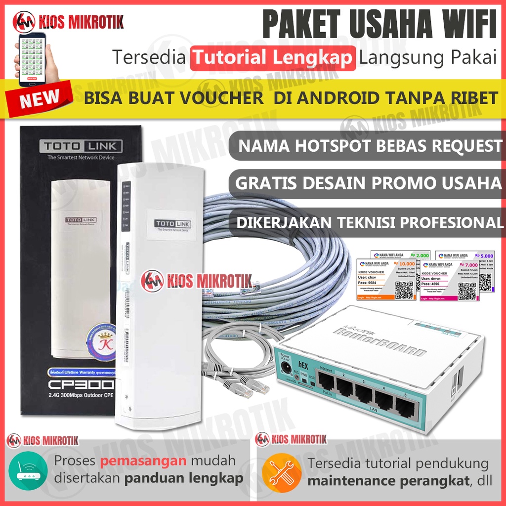 Paket Alat Usaha Wifi Billing Voucher RT RW NET Totolink CP300 + Mikrotik RB750GR3 Siap Pakai