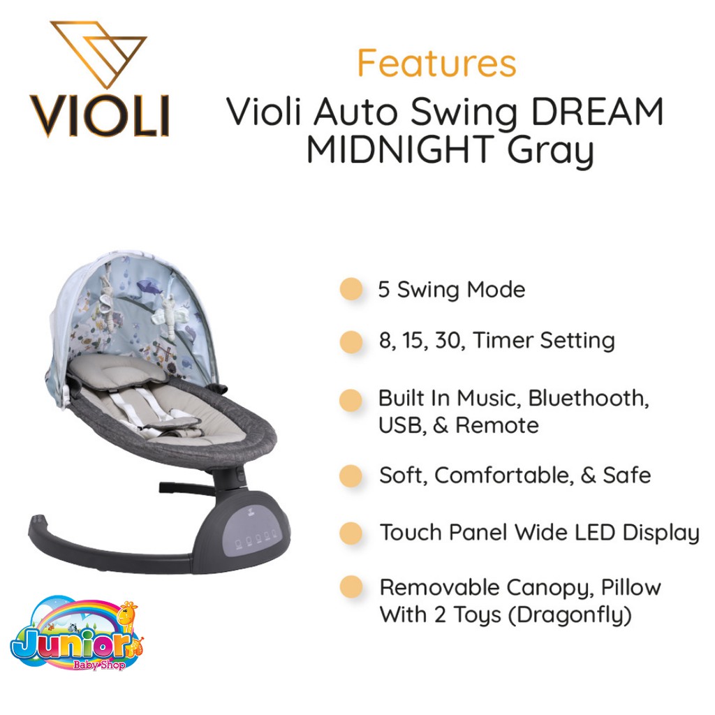 Violi Dream Midnight : Grey Auto Swing - Bouncer Bayi Ayunan Otomatis Bayi