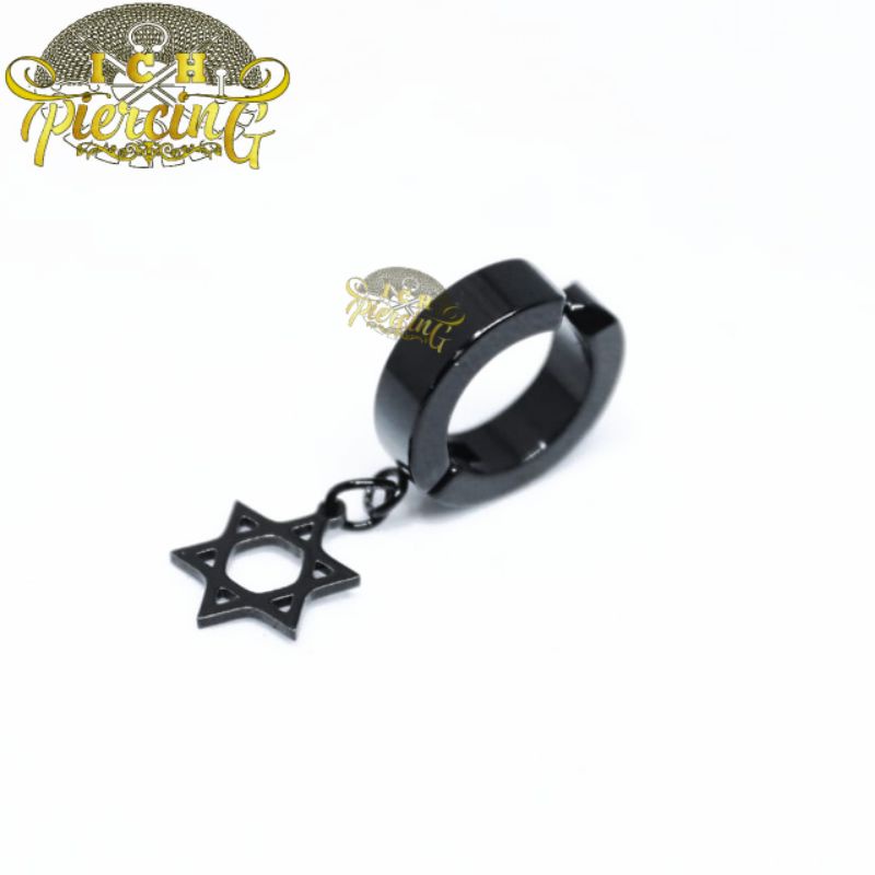 Anting Tindik dan Jepit Model bintang hexagram Black / Anting Gantung hitam / Anting Titanium / Anting Pria Wanita / Anting Anti Karat