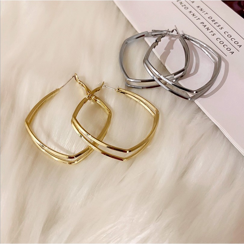 925 jarum perak Eropa dan Amerika double-layer geometris anting-anting logam sederhana rasa all-matc