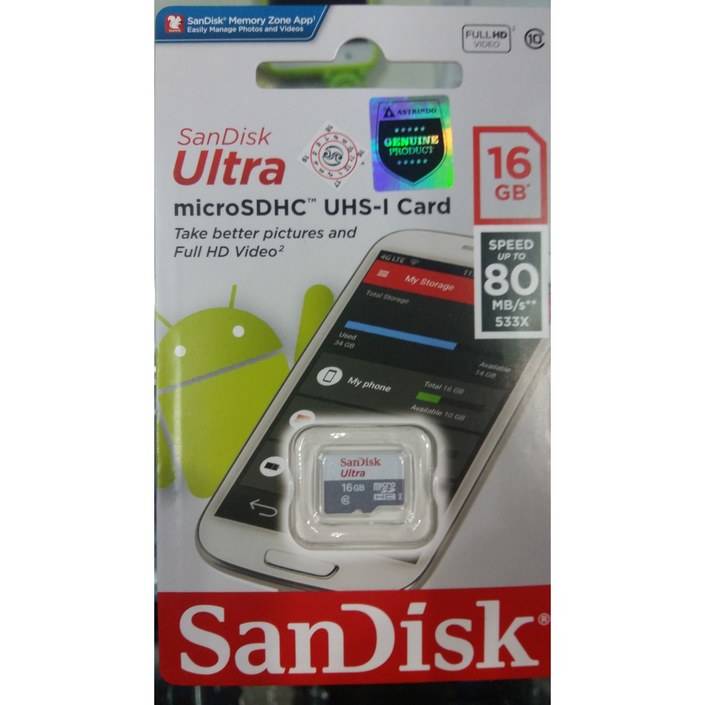 MICRO SD SANDISK 16GB CLASS 10 NA 80Mbps