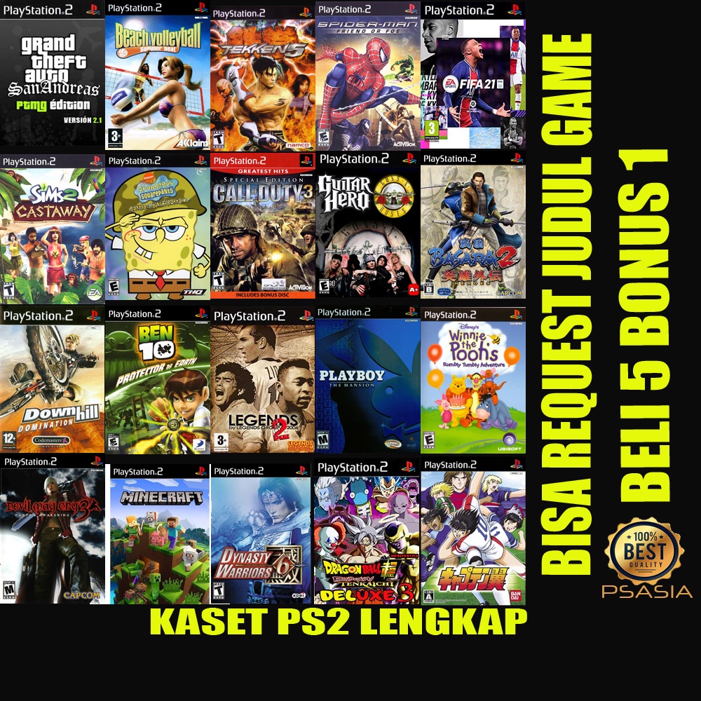 KASET PS 2 BISA REQUEST BELI 5 BONUS 1 KASET PS2 CD PS2 PLAY STATION 2