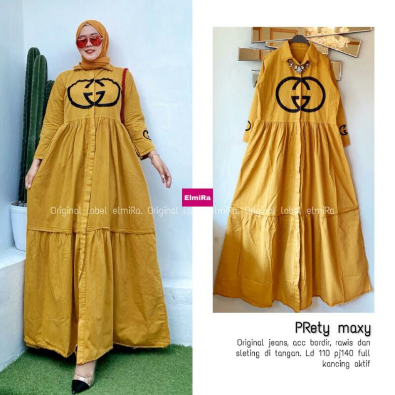 Gamis Jumbo Prety Maxy By Elmira Original Jeans Bordir Rawis Kancing Aktif LD 110