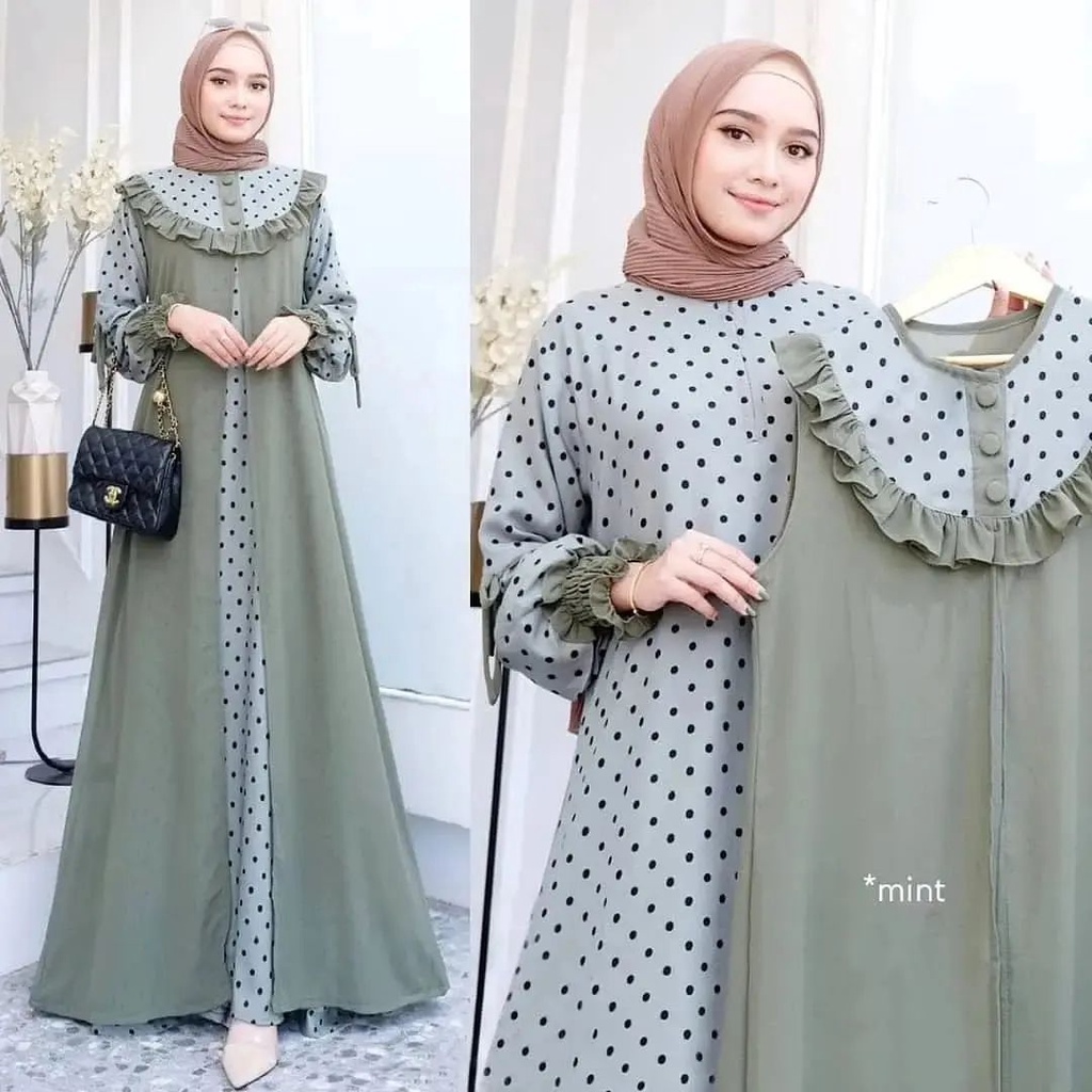 Kimiko Set 2ini Gamis Inner Outer Setelan Muslimah Terbaru Bahan Ceruty Babydoll Polos Polkadot Paka