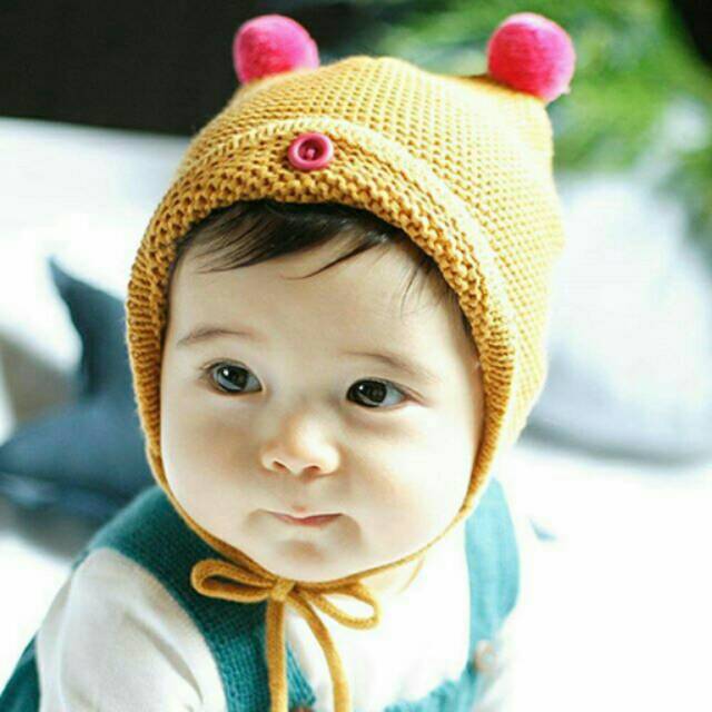 Topi rajut kupluk bayi / Fur Ball Knitted Cap / topi bayi import