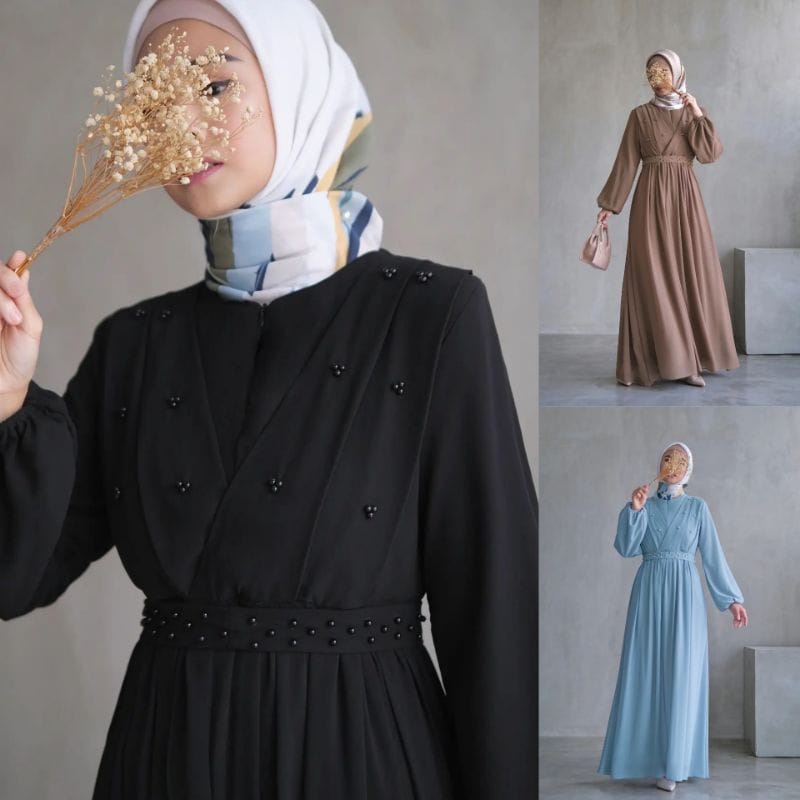 Gamis Pesta Mewah Elegan Baju Lebaran Mutiara Dress Kondangan M L XL Outfit Wanita Kekinian Gamis Malaysia Gamis Lengan Balon