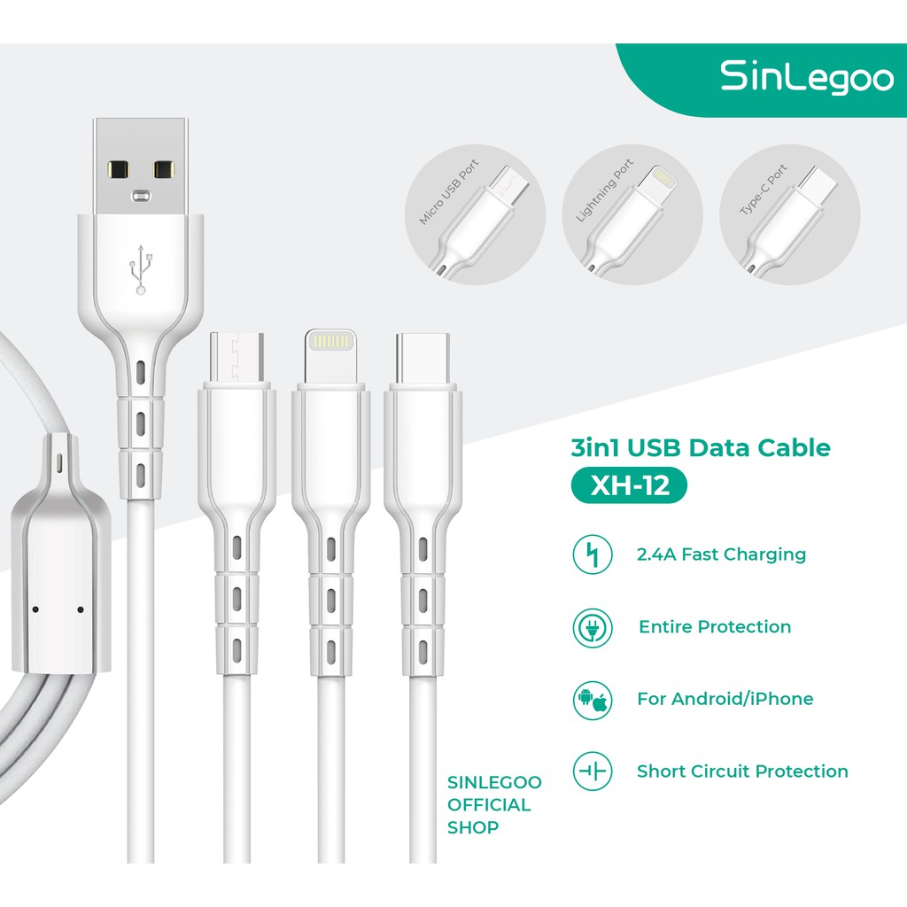 Sinlegoo XH-12 kabel data 3in1 charger handphone 2.4A fast charging support android ios garansi resmi-1