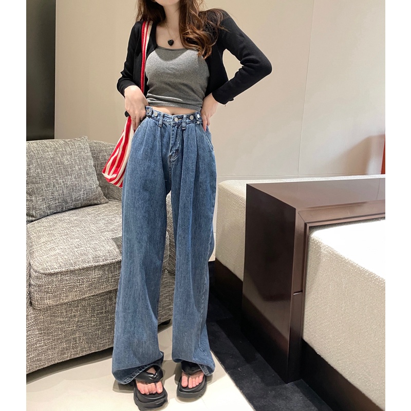 Celana Jeans Wanita Loose Kekinian Korean Style Boyfriend Celana Panjang Jeans Wide-legged High Waist Jens Kulot