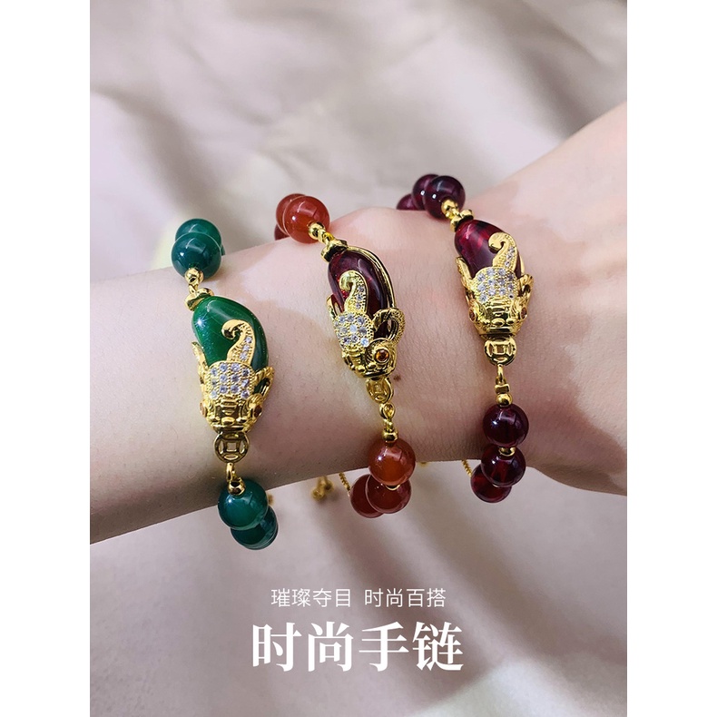 Gelang Tangan Manik-Manik Batu Akik Ruby Emerald Emas Asli Kadar 375 Gaya Vintage Untuk Wanita