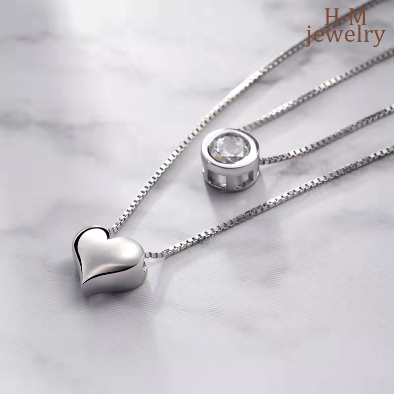 Kalung Rantai Sterling Silver 925 Dengan Liontin Hati Aksen Berlian Imitasi Untuk Wanita