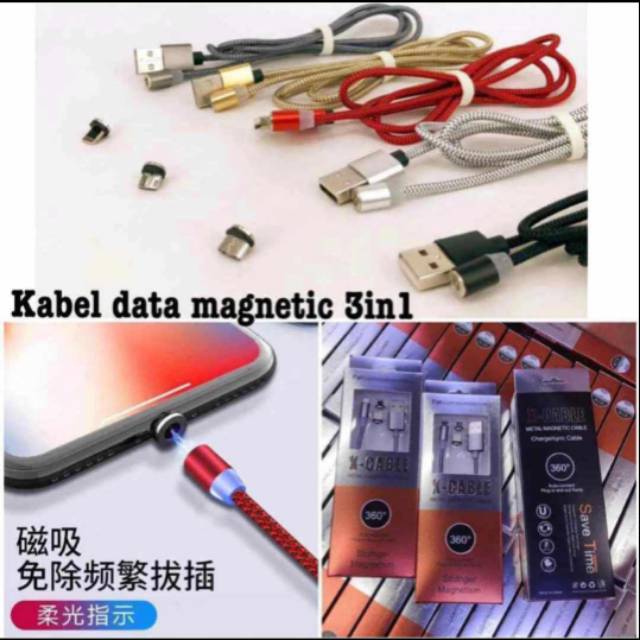 Kabel Data Magnetic 3 in 1 Cable Charger Micro USB Lightning Type C Kabel Charger Magnet