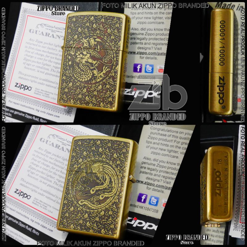 zippo dragon peacock merak naga floral 3 side timbul limited edition golden brass