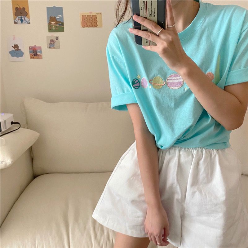 [littlecrab] Kaos Oversize Planet Besar Lucu Unik Tshirt Bordir Berkualitas Tata Surya Imut Simple Elegan 8 Planet Tata Surya Aesthetic Couple T-shirt Keren Korean Style