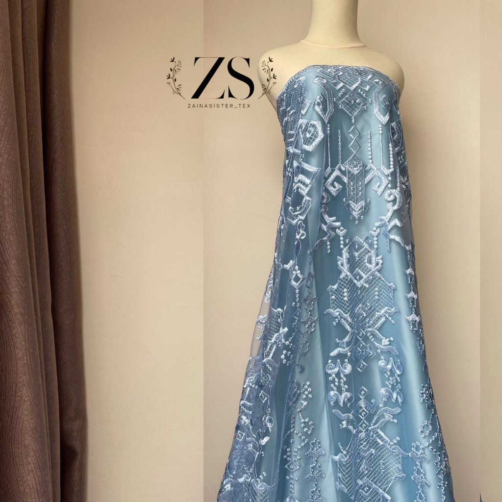 Tile Kebaya Exclusive Maison  Full Bordir by Designer Saptodjojo Warna Biru Muda Ice Blue