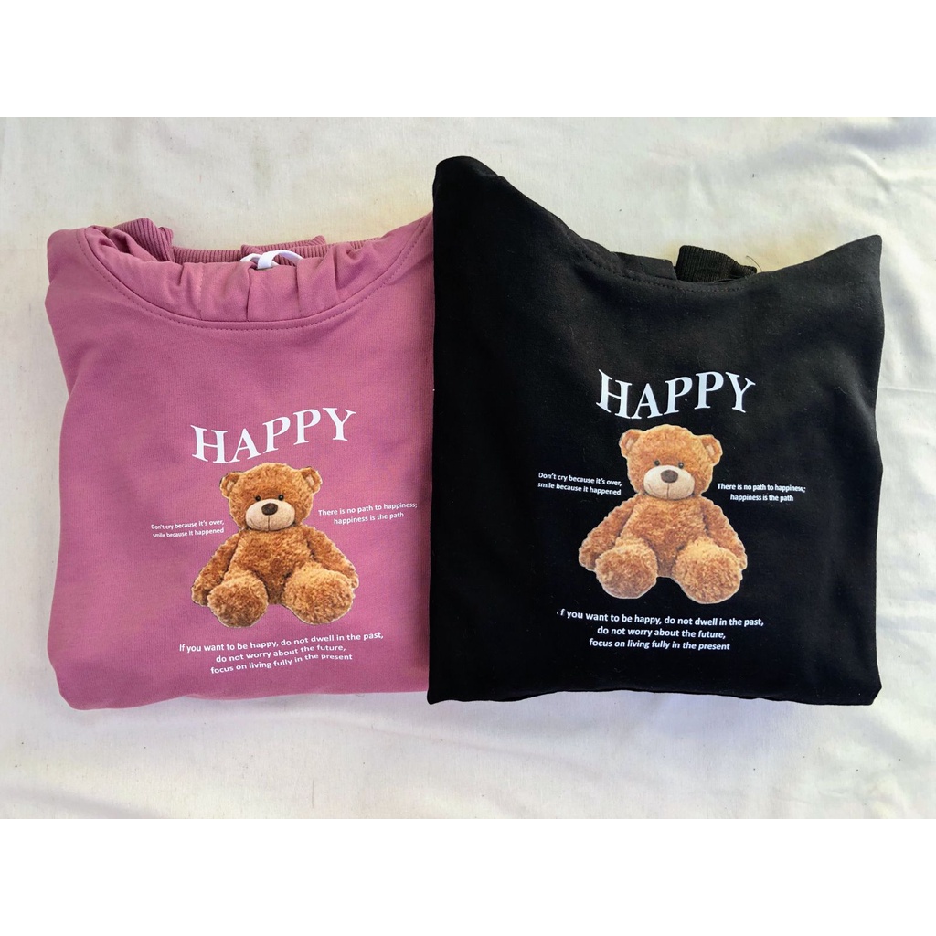 Hoodie Sweater Beruang Bear Wanita Bahan Pleece Motif Happy Bear Korean Style