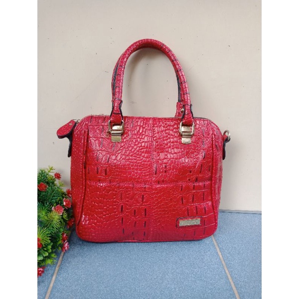 ELEQUATOR HANDBAG RED CROCO EMBOSS LEATHER,  PRELOVED TAS ELEQUATOR, TAS PESTA CROCO, PRELOVED HANDB