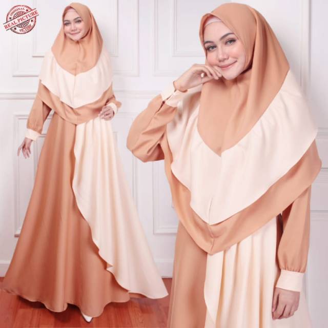 GAMIS SYARI MURAH MAXI 2IN1 CAROLINE COMBI WARNA COKLAT