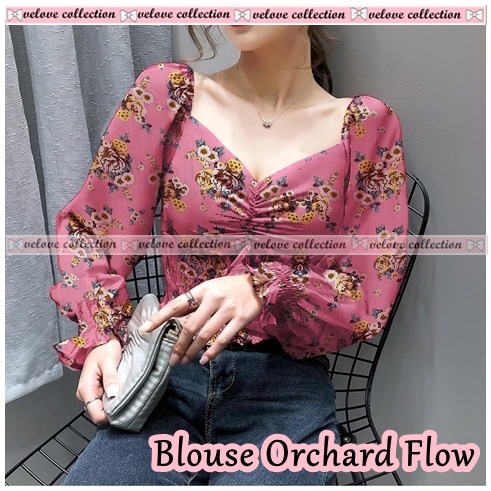 KALANTHA FASHION Chic Chiffon Top Vintage Blouse Wanita Motif Bunga Korean Style-6503 Dusty