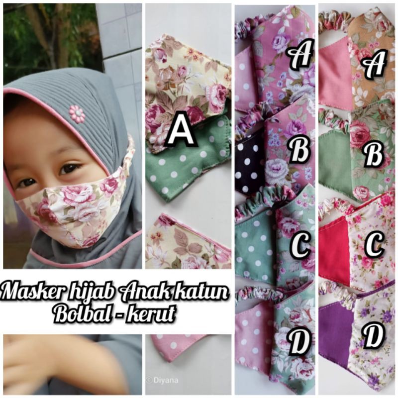 MASKER KAIN ANAK / MASKER HIJAB ANAK KAIN SERUT MOTIF BUNGA HEADLOOP