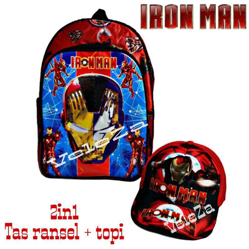 Tas ransel anak laki-laki karakter ironman led 2in1 - tas + topi