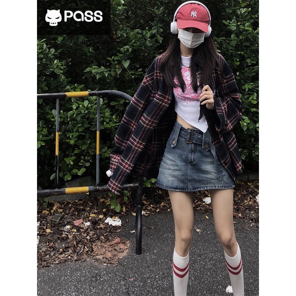 PASS Jepang Vintage Merah dan Hitam Bergaris Kemeja Kotak-kotak Jaket Wanita Tipis Amerika Retro Tabir Surya Top