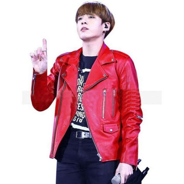 BTS Jungkook Leather Jacket jaket kulit merah