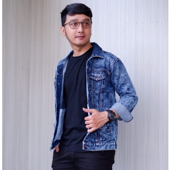 Jaket Pria Bahan Jeans Wash Warna Darkblue