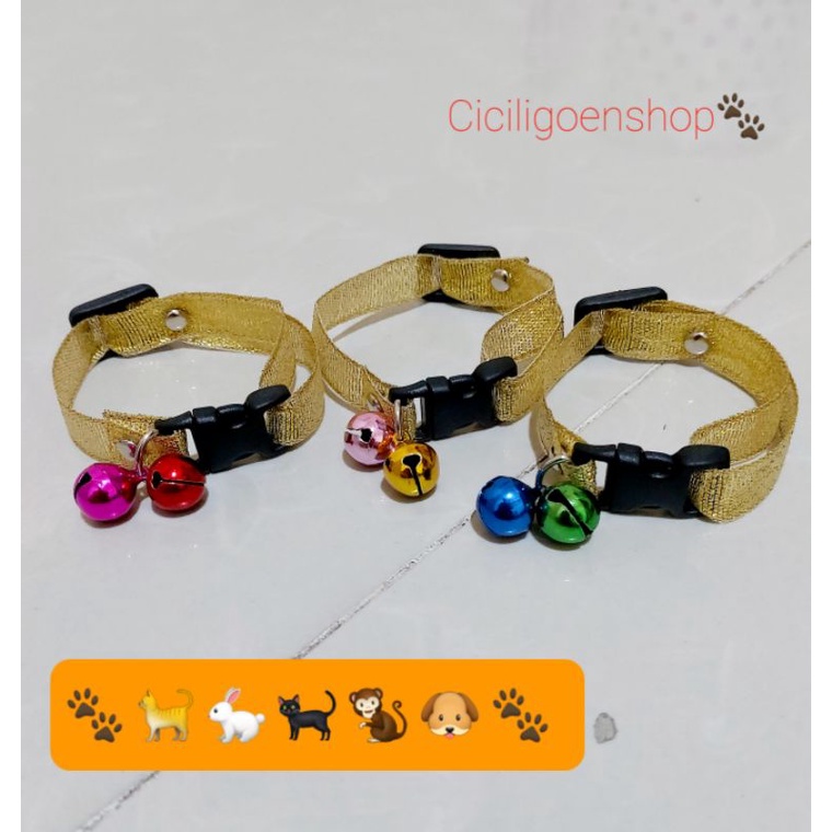 Kalung pita gold 2 lonceng nyaring simple cantik untuk kucing puppy kelinci musang dll collar dua ring