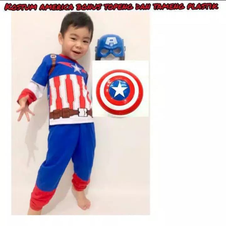 Baju kostum anak captain america azada gratis topeng dan tameng plastik