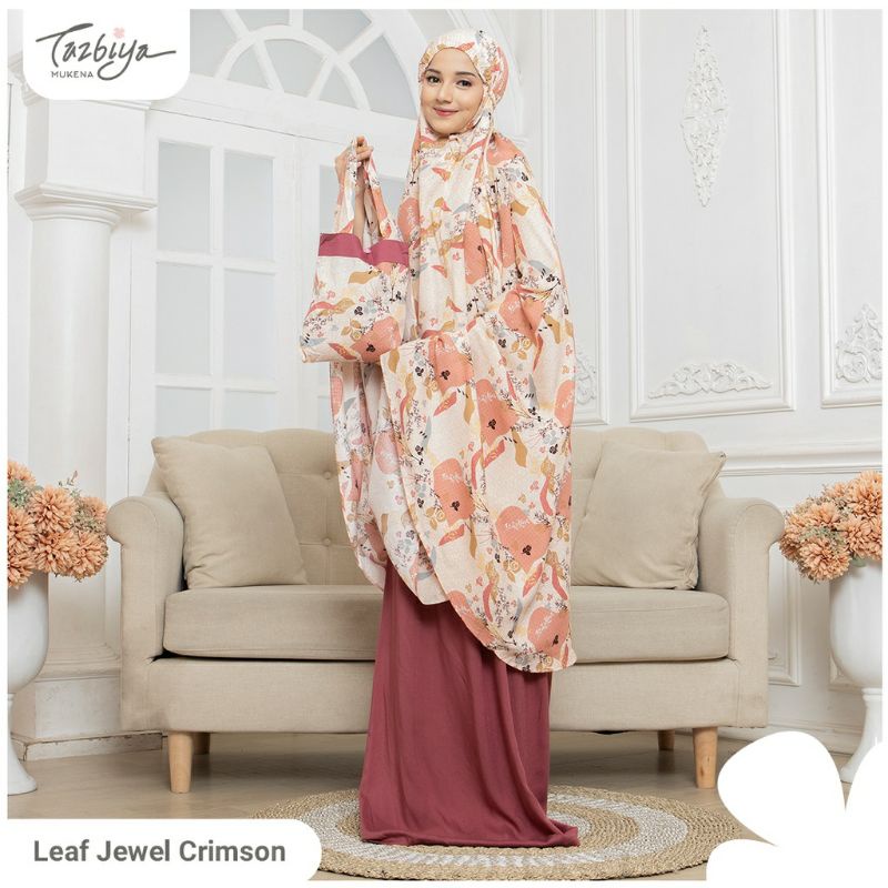 Mukenah Tazbiya Leaf Jewel Pink Crimson Grey Jumbo Dewasa Katun Rayon Adem Motif Cantik