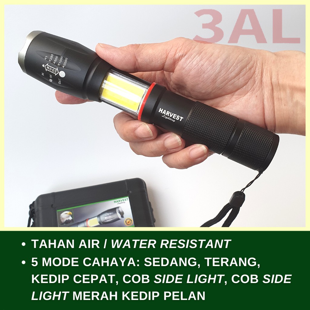 Lampu Senter LED T6 COB Cree HARVEST LIGHTING Flashlight Flash Light Lampu Samping Rechargeable Bergaransi